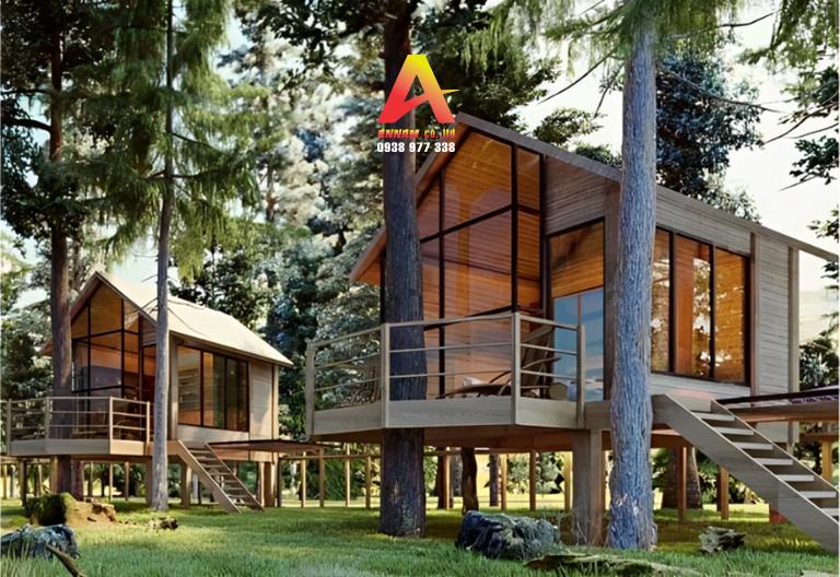 Nhà lắp ghép bungalow thiết kế theo kiến trúc nhà sàn